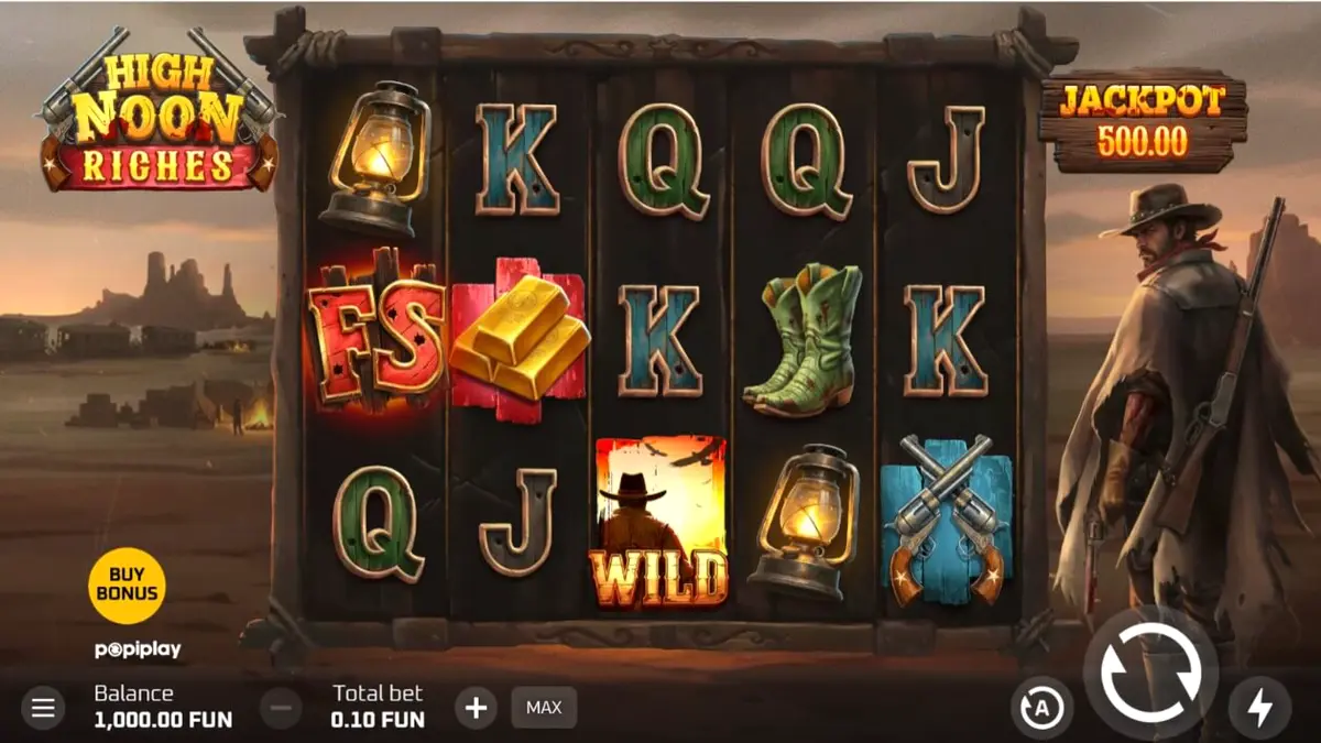 Visual na disenyo ng High Noon Riches slot na may temang Western