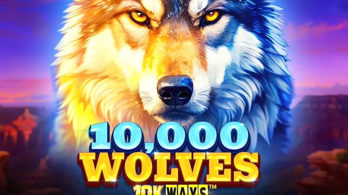 Ang visual na disenyo ng 10,000 Wolves 10K Ways na nagpapakita ng mga lobo sa isang nagyeyelong kagubatan.